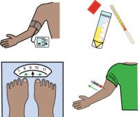 Health check blood pressure, urine tests, weight, blood tests