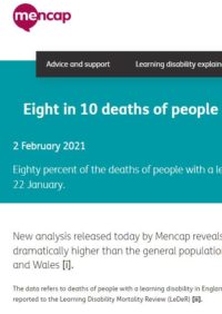 Thumbnail for Eight in 10 deaths of people with a learning disability are COVID related as inequality soars Mencap, 2 February 2021
