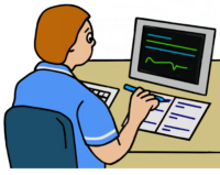 Nurse writing pulse rate in records near computer